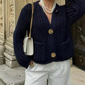 Navy Crop Cardigan Gold Buttons, 3 of 3