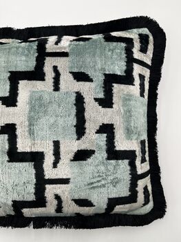 Modern, Oblong, Velvet, Ikat, Cushion With Black Silk Tassels Blue, Black And Silver Abstract Design, 3 of 6