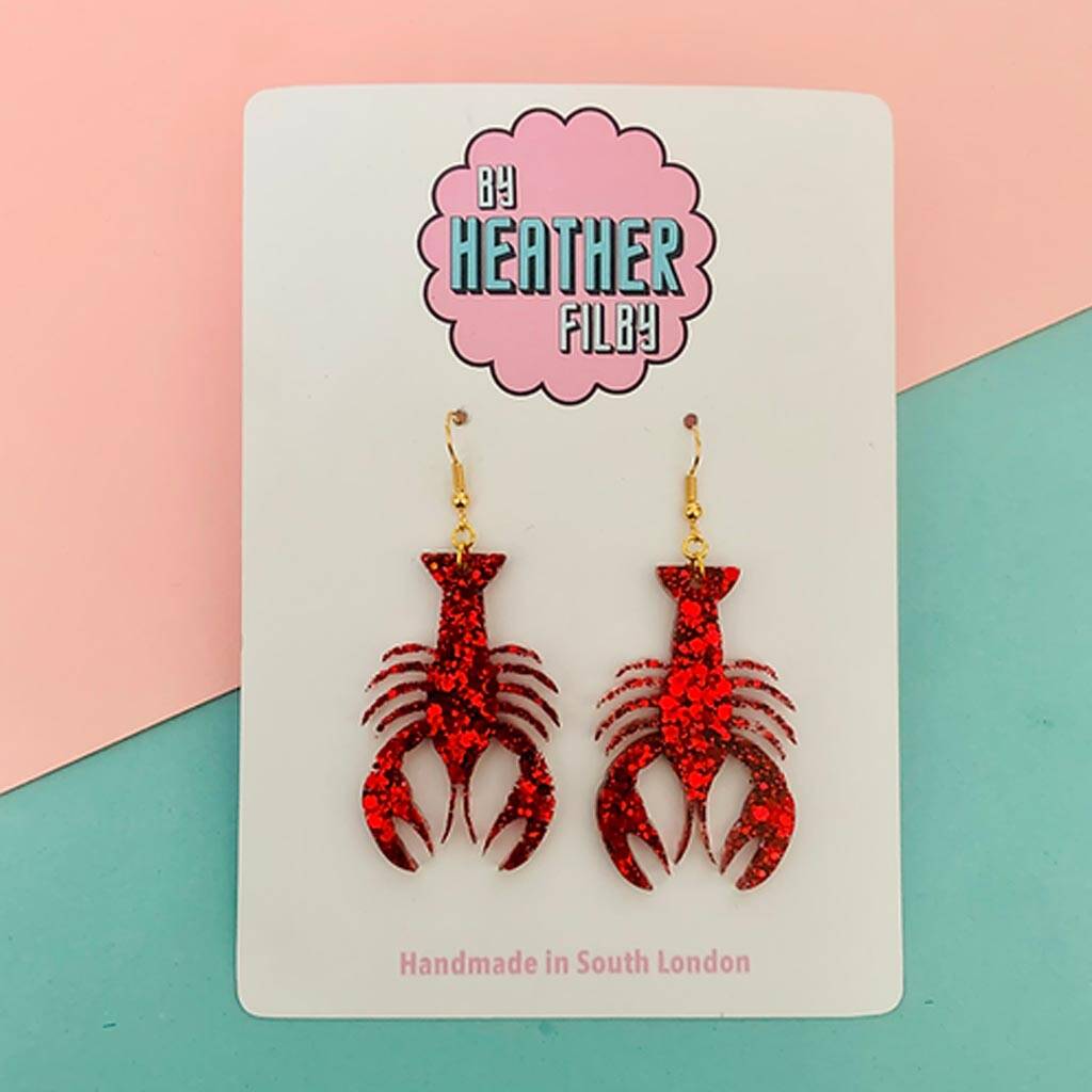 Lobster Red Glitter Earrings, 1 of 2