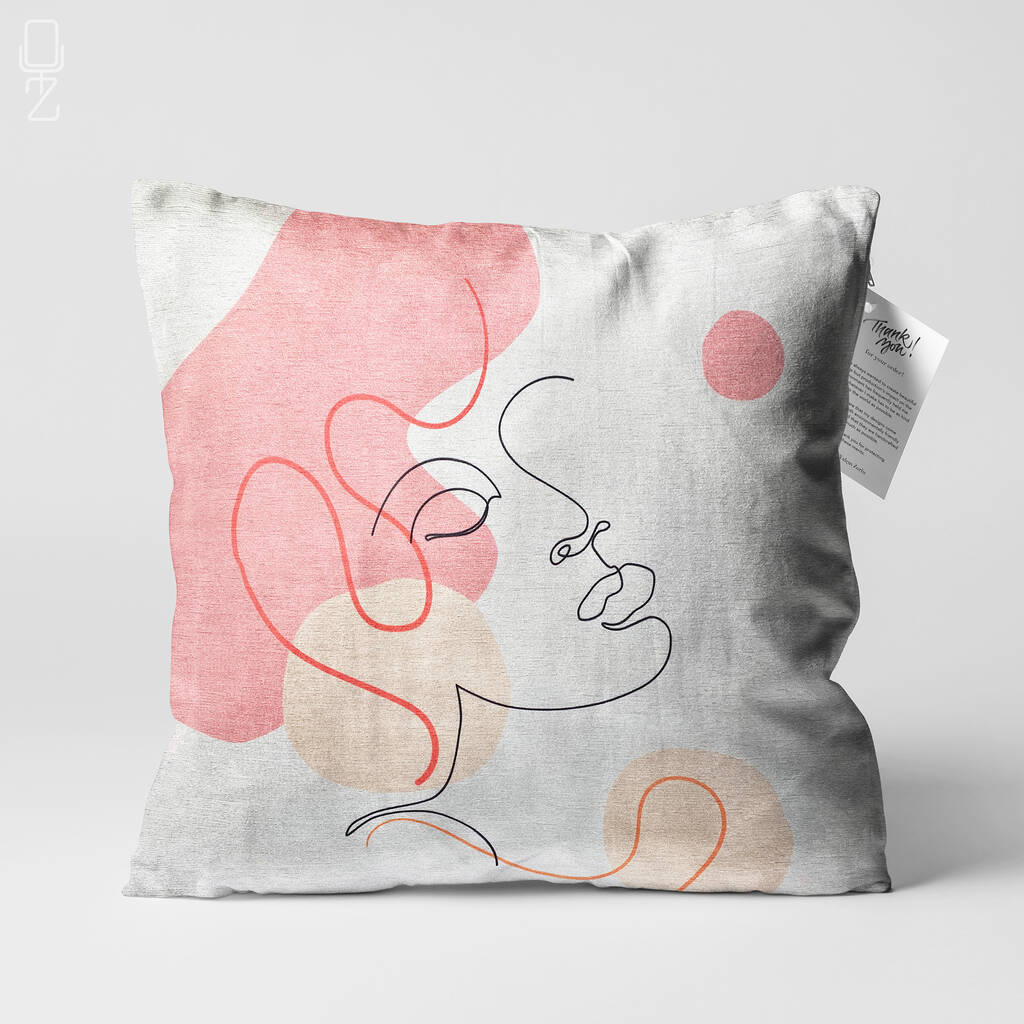 Pink And Ecru Abstract Face Pattern Cushion Cover, 1 of 7