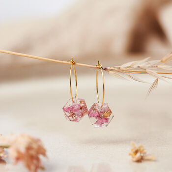 Hexagonal Preserved Pink Flower Gold Hoop Earrings, 2 of 5