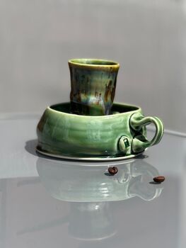 Handmade Porcelain Espresso Cup And Saucer Green Glaze With Sculptural Details, 7 of 7