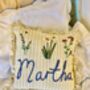 Hand Embroidered Personalised Cushion Lemon Stripe Ruffle Trim, thumbnail 4 of 7