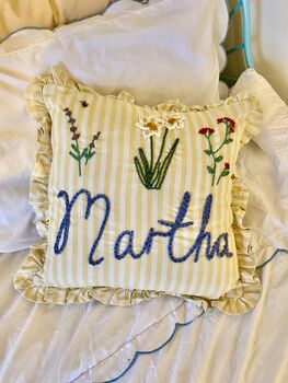 Hand Embroidered Personalised Cushion Lemon Stripe Ruffle Trim, 4 of 7