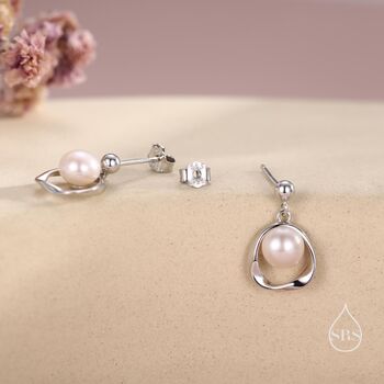 Sterling Silver Genuine Freshwater Pearl And Mobius Circle Dangle Drop Earrings, 4 of 12