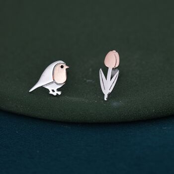 Sterling Silver Robin Bird And Tulip Stud Earrings, 2 of 7