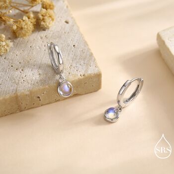 Sterling Silver Dangle Moonstone Huggie Hoop, 2 of 11