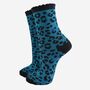 Women's Glitter Socks Teal Black Leopard Print, thumbnail 2 of 5