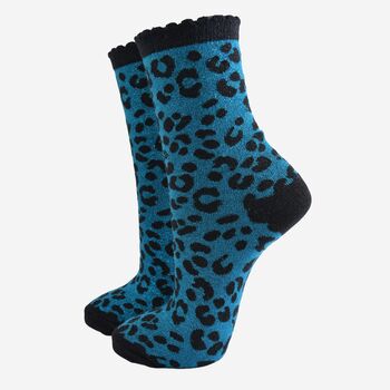 Women's Glitter Socks Teal Black Leopard Print, 2 of 5