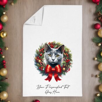 Personalised Cat In Christmas Wreath Gift Tea Towel, 10 of 12