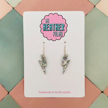 Silver Glitter Lightning Bolt Earrings Small And Large, 5 of 10