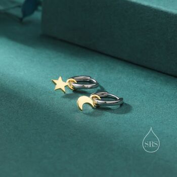 Mixed Tone Moon And Star Charm Huggie Hoop Earrings, 2 of 12