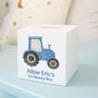 Personalised Blue Tractor Baby's First Wooden Money Box, thumbnail 2 of 3