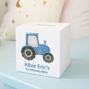 Personalised Blue Tractor Baby's First Wooden Money Box, 2 of 3