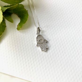 Sterling Silver And Cubic Zirconia Hamsa Hand Necklace, 3 of 4