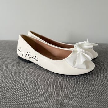 Personalised Bridal Prom White Bow Pump Slip On Flats, 3 of 7