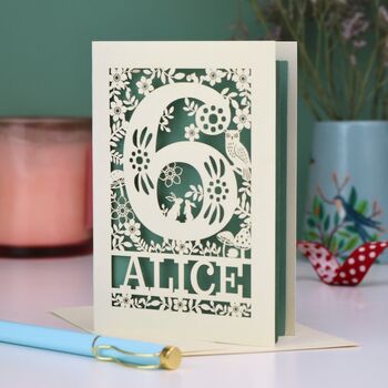 Personalised 6th Birthday Card Papercut Woodland Design, 6 of 7