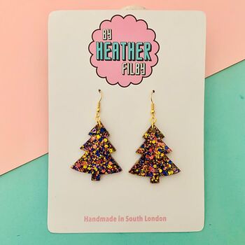 Royals / Dark Blue, Gold And Pink Glitter Christmas Tree Earrings, 2 of 2