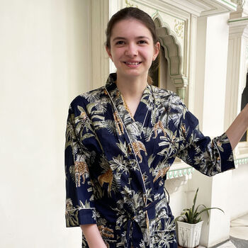 Giraffe Print 100% Cotton Dressing Gown Kimono In Dark Blue, 3 of 7