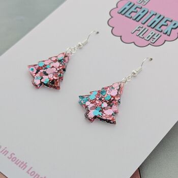 Pink Tinsel / Pink And Blue Christmas Tree Earrings Small And Large, 8 of 10