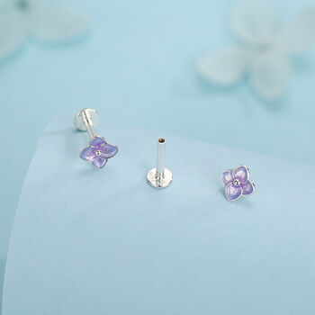 Sterling Silver Purple Hydrangea Flower 16 G Flat Back Labret Earrings, 5 of 11
