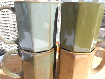Set Of Four Assorted Reactive Glaze Hexi Mugs In Earth Tones, 8 of 12