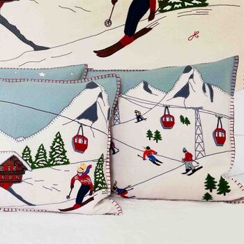 Alpine Themed Little Skiers Embroidered Wool Cushion, 3 of 3