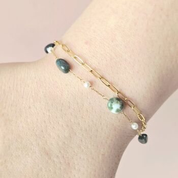 Moss Agate Double Chain Bracelet Gold Plated, 5 of 7