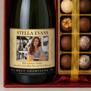 Personalised Champagne And Truffles Gift Set Include Any Photo, Name And Message. Presented In A Silk Lined Gift Box, 2 of 8