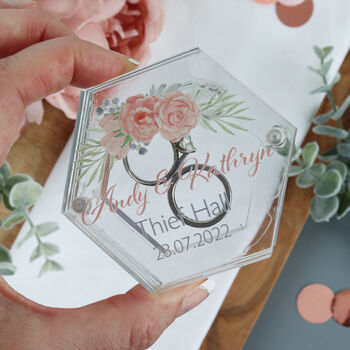 Hexagonal Acrylic Personalised Wedding Ring Box, 2 of 12