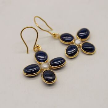 Blue Sapphire, Pearl Drop Gold Earrings, 2 of 5