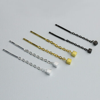 Sterling Silver Cube Threader Earrings, 2 of 5