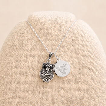 Personalised Sterling Silver Marcasite Owl Pendant Necklace, 3 of 10