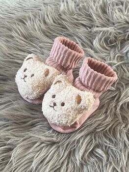 Dusty Pink Ribbed Teddy Bear Baby Socks, 7 of 8