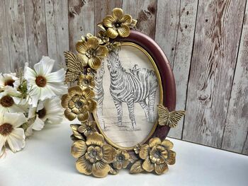Gold Oval Floral Photo Frame With Butterfly Detail 15 X 10cm, 2 of 7