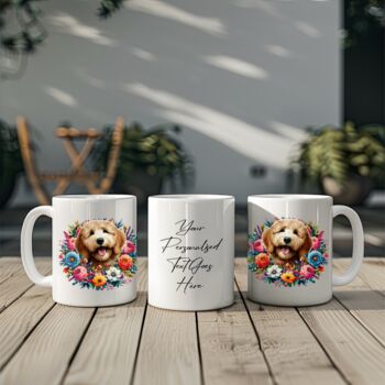 Personalised Golden Doodle Summer Floral Dog Wreath Cushion And Mug Gift Bundle, 3 of 4