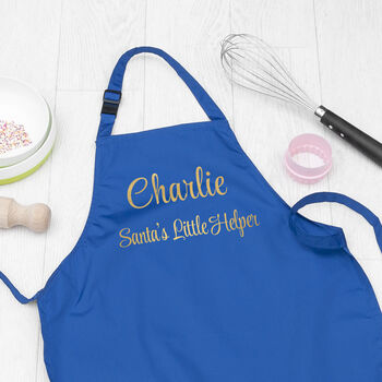 Personalised Santa's Helper Kids Blue Waterproof Apron, 3 of 11