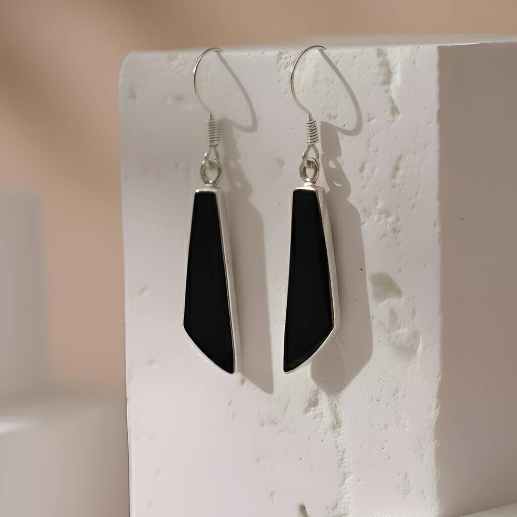 Handmade Sterling Silver Black Onyx Tapered Drop Earrings, 1 of 5