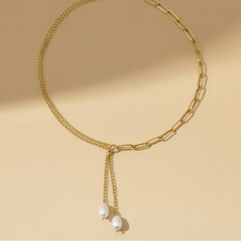 Link And Pearl Lariat 18k Gold Plated Necklace, 2 of 3