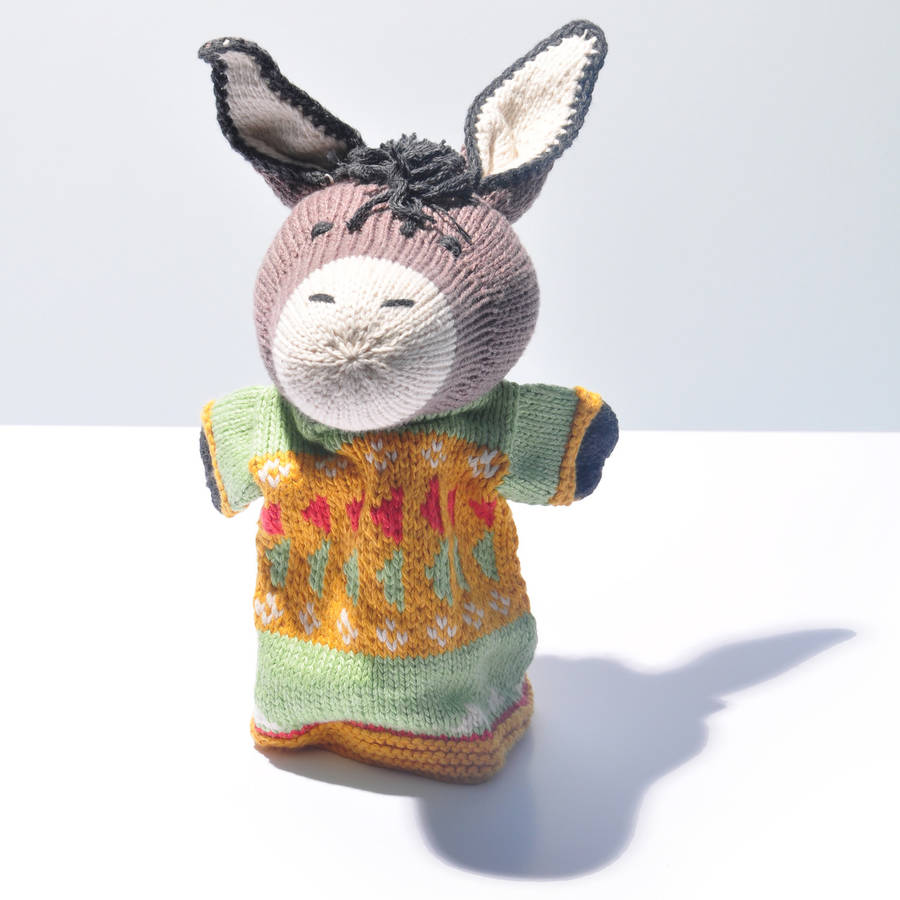 Hand Knitted Donkey Hand Puppet In Organic Cotton
