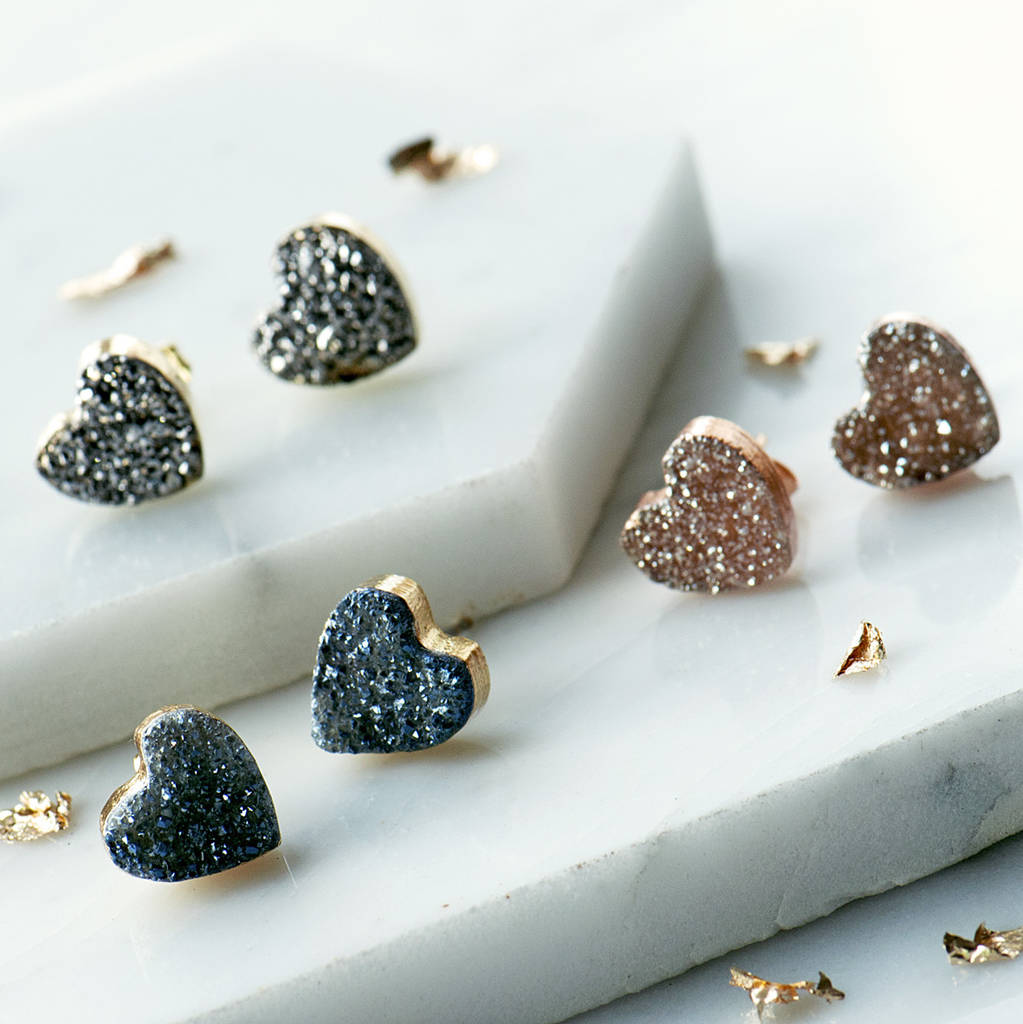 druzy heart stud earrings in metallic colours by grace & valour