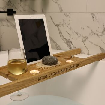 Personalised Solid Oak Bath Tray Caddy With Made To Measure Option, 2 of 9