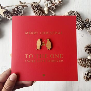 Penguin Love Wooden Detail Gold Foil Red Christmas Card, 3 of 5