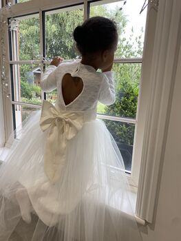 Long Sleeve Lace Flower Girl Dress – Heart Back Tulle Dress For Communion And Christening, 4 of 12