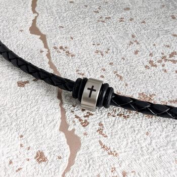 Mens Leather Necklace Engraved With A Christian Cross, 3 of 5