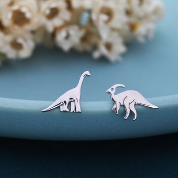 Mismatched Dinosaur Stud Earrings In Sterling Silver, 2 of 12