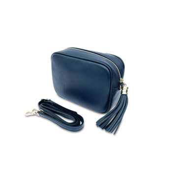 Navy Leather Crossbody Bag With Navy And Gold Strap, 2 of 9