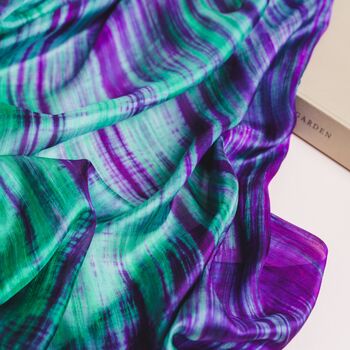 100% Mulberry Silk Scarf, Emerald Green Purple, Aurora Borealis In Gift Box, 4 of 9