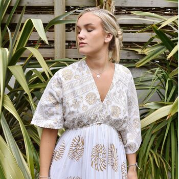 'Heather' White And Gold Indian Print Batwing Crepe Dress, 2 of 9