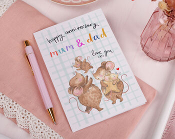 Cute Mum And Dad Anniversary Card Of A Mouse Family, 2 of 2